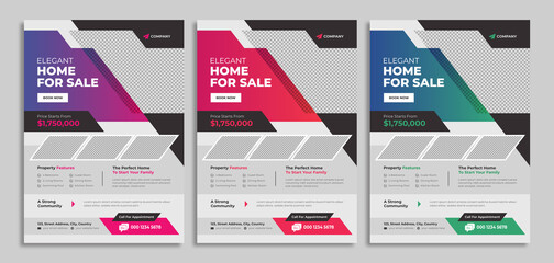 Professional real estate flyer template design for housing or property business agency. Home sale advertisement poster with logo & icon. Corporate graphic web banner & cover for digital marketing. 