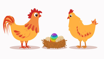 vector illustration of a chicken and a rooster next to a nest with eggs, one of which is the color of a rainbow. Isolated on a white background