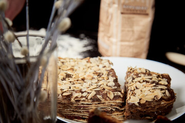 Homemade pound cake with vanilla and peanuts close up