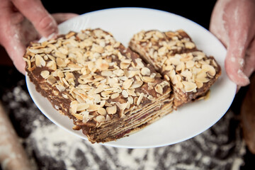 Homemade pound cake with vanilla and peanuts close up