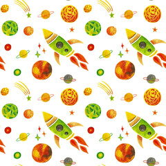 Bright rockets and planets, pattern on a white background.