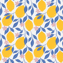 Hand drawn colorful seamless pattern of hand drawn lemons leaves and lemon flowers. Citrus fruit background. Perfect for textile manufacturing wallpaper posters etc. Vector illustration