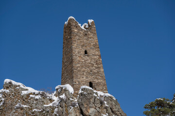 ruins and towers of ancient structures in the Caucasus mountains in Ingushetia 