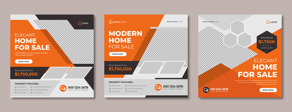 Real Estate Social Media Post Template Design. Modern Home Sale Flyer With Logo, Icon & Abstract Background For Business Marketing. Digital Graphic Web Banner For Commercial Housing & Property Agency 