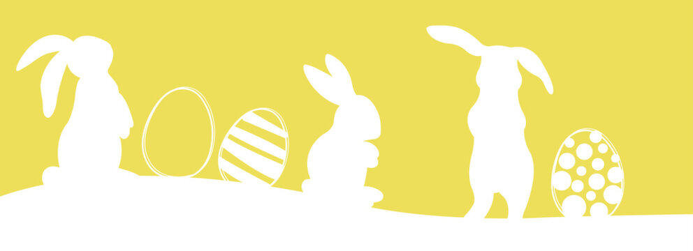 Easter banner with rabbits and easter eggs. Vector illustration.