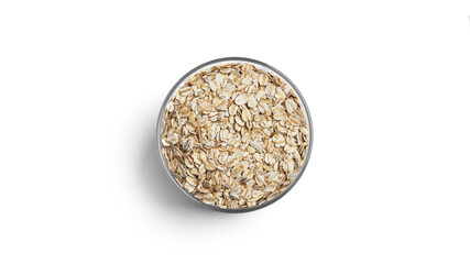 Oat flakes in a glass jar isolated on a white background.