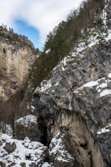 Fototapeta na wymiar mountain gorge and river in the Caucasus mountains after snowfall 