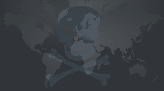 Skull on world map. Hacking concept. vector