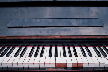 Close up of vintage piano keys.
