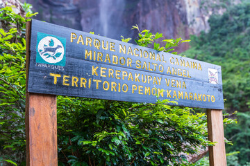 Canaima National Park, Venezuela, 02.13.2021: signs at the foot of the highest Salto Angel waterfall in the world.