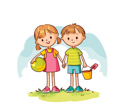 Two vector baby kids girl and boy stand together holding hands, side by side,hand in hand with toys,ball and bucket with scoop.Childhood flashback.Children outdoors portrait on green lawn and blue sky