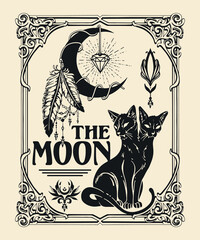 he Moon tarot card inspired illustration included moon feathers and two headed cat with flourishes and ornaments - obrazy, fototapety, plakaty