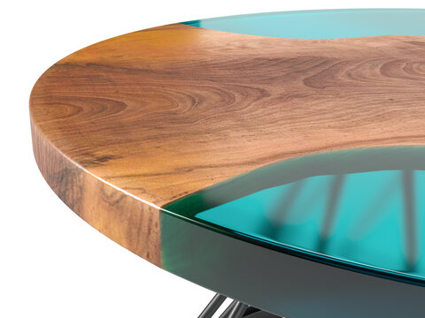 Round Live Edge Wooden Coffee Table With Epoxy Resin On A White Background. 3D Rendering