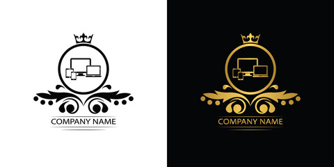 Smart Devices logo template luxury royal vector service company. Phone , tablet, laptop , computer shop decorative emblem with crown	
