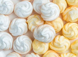 White and yellow meringues in a plate on a light background with a napkin.