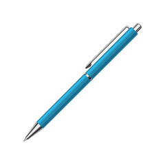 Automatic spring ballpoint pen in blue metallic case. Vector illustration