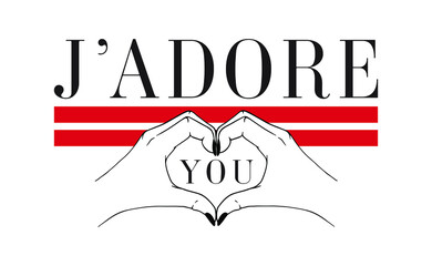 J'adore You slogan print design with hand heart shape and two stripes - obrazy, fototapety, plakaty