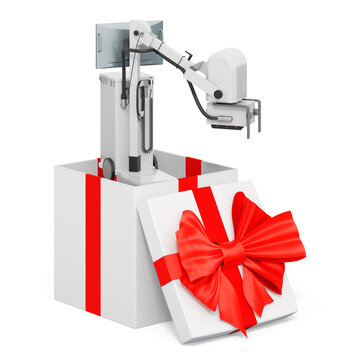 Mobile x-ray machine inside gift box, present concept. 3D rendering