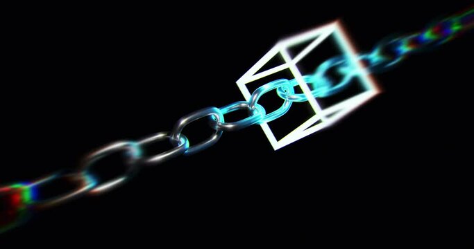 Block chain concept - Chain of network connections. Information Cube Transaction. interconnected blocks of data depicting a cryptocurrency blockchain on a black background