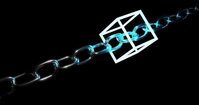 Block chain concept - Chain of network connections. Information Cube Transaction. interconnected blocks of data depicting a cryptocurrency blockchain on a black background