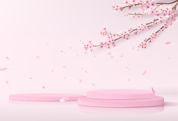 A minimalistic stage with empty cylindrical podiums. Showcase mockup for product showcase in pink with sakura branches on the background. © VectorART