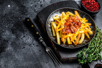 Delicious golden French fries with melted cheddar cheese and bacon. Black background. Top view....