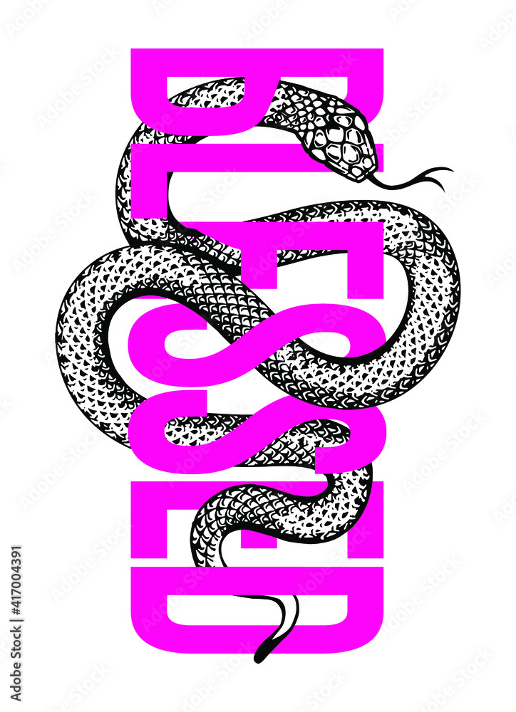 Wall mural t shirt print design included blessed word with snake illustration