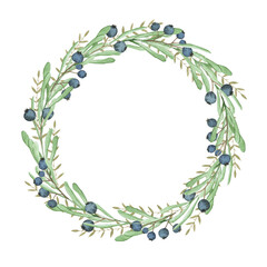 Watercolor greenery wreath with blueberries illustration. Hand drawn summer botanical round frame isolated on white. For wedding invitation, greeting card, logo, label tag and other.