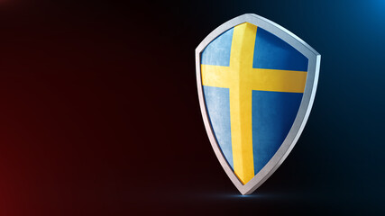 Fototapeta premium Steel armor painted as Sweden flag. Protection shield and safeguard concept. Safety badge. Security label and Defense sign. Force and strong symbol.