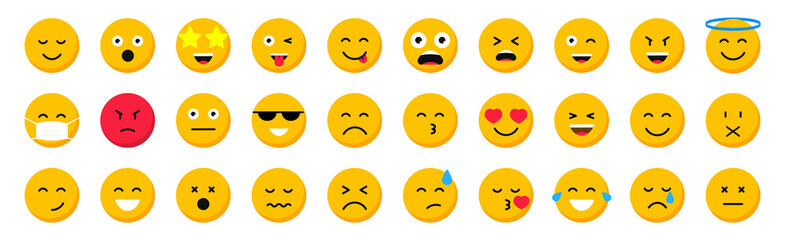 Set of cartoon emoticons. Collection emoji icons. Social media emoticon smile. Yellow faces expressing emotion. Vector illustration.