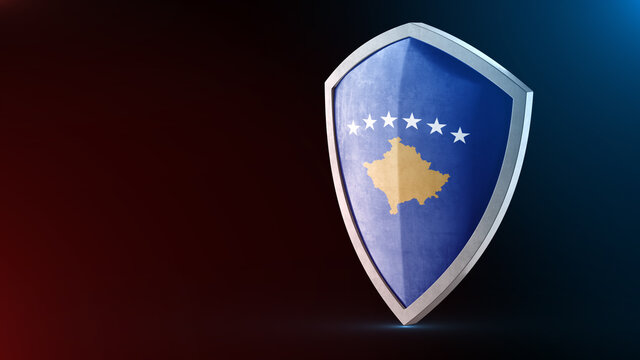 Steel Armor Painted As Kosovo Flag. Protection Shield And Safeguard Concept. Safety Badge. Security Label And Defense Sign. Force And Strong Symbol.