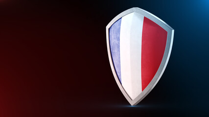 Steel armor painted as France flag. Protection shield and safeguard concept. Safety badge. Security label and Defense sign. Force and strong symbol.