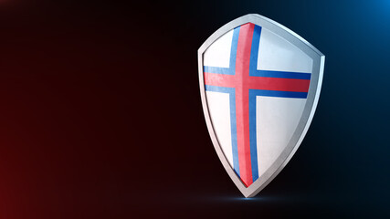 Steel armor painted as Faroe Islands flag. Protection shield and safeguard concept. Safety badge. Security label and Defense sign. Force and strong symbol.