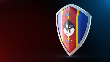 Steel armor painted as Eswatini (Swaziland) flag. Protection shield and safeguard concept. Safety badge. Security label and Defense sign. Force and strong symbol.