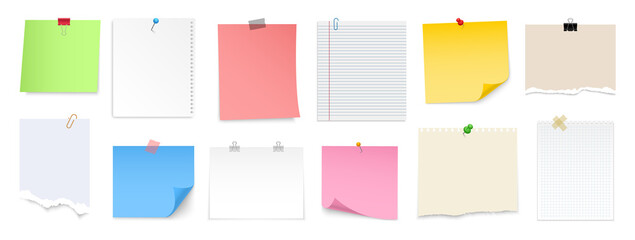 Note paper with pin, binder clip, push pin, adhesive tape and tack. Blank sheet, sticky note, torn piece of paper and notebook page. Templates for a note message. Vector illustration. © TMvectorart