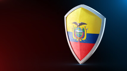 Steel armor painted as Equador flag. Protection shield and safeguard concept. Safety badge. Security label and Defense sign. Force and strong symbol.