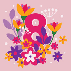 Greeting card. March 8 - Women s Day. Vector illustration in a flat style.
