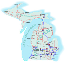 Vector map of the state of Michigan and its Interstate System.