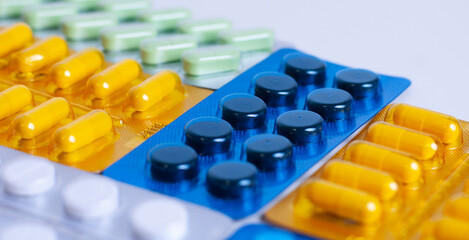 medicine background with packs of pills
