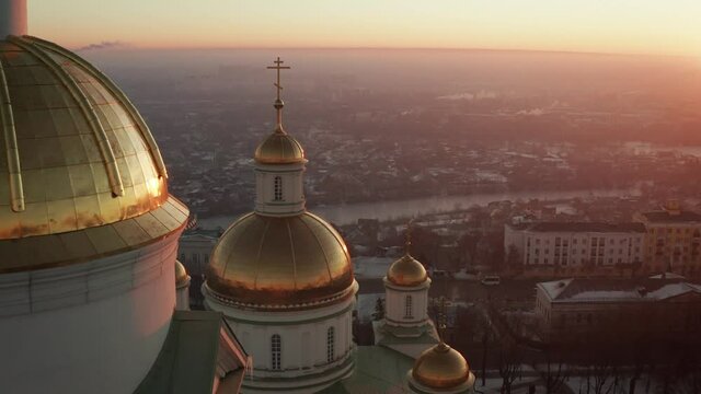 Winter landscape, Penza city. Church in Russia. Penza city in Russia, winter landscape from a height. Dawn in Penza.