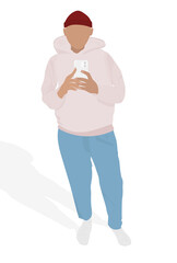 The guy takes a selfie in the mirror, casual style. Addiction on the smartphone and the Internet. Social networks. Vector Flat Illustration