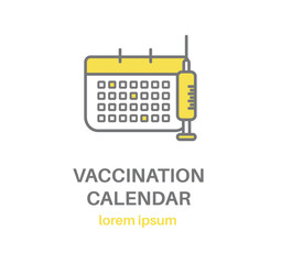 Icon. Routine vaccination. Vaccination calendar and syringe with medicine. Vector illustration.