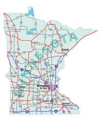 Vector map of the state of Minnesota and its Interstate System.