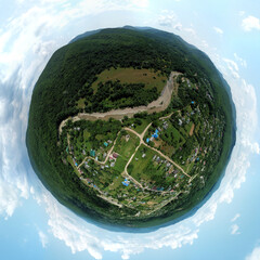 little planet 360-pano - summer day over the village of Shabanovskaya (Western Caucasus)