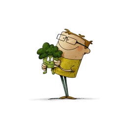 child wearing glasses and smiling holds a stuffed broccoli-shaped doll in his arms that gives him peace. isolated - 417008754