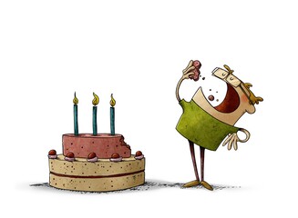 little boy next to a birthday cake has torn off a piece and is eating it. isolated