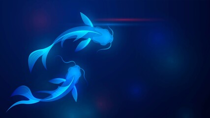 Two blue glowing koi fish on a dark background