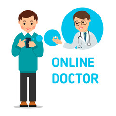 An man calls up a doctor. A young doctor advises the patient the medicine on the phone. Health care and modern communication technology concept. Flat illustration on white background