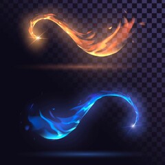 Fiery orange and blue swirling tails of flying stars, fire elements on transparent background