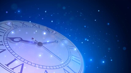 Big clock in the dark or space and blue sparks